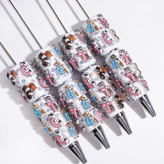 Beadable Clay Pens with Cute Cat and Letter, AB Rhinestones