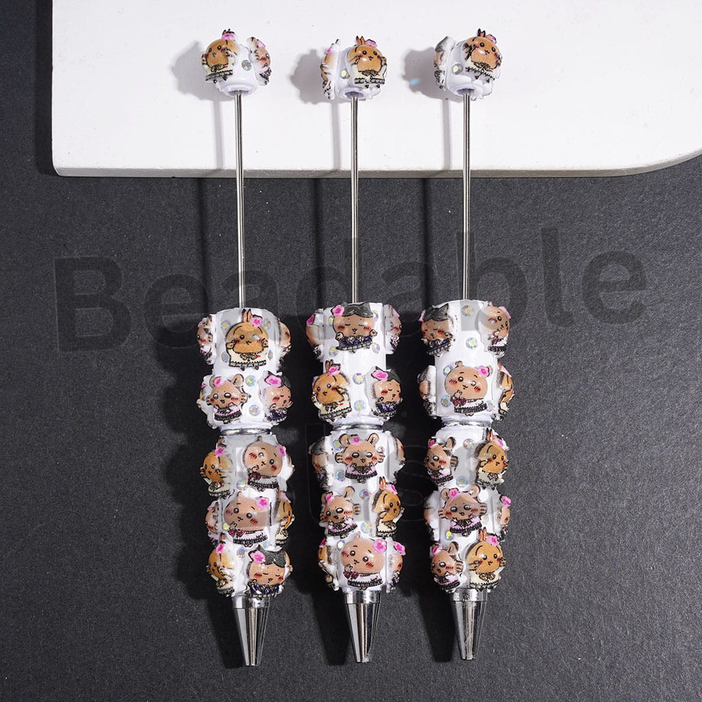 Flying Squirrel Cartoon Characters with Pink Flower and AB Rhinestones Beadable Clay Pens