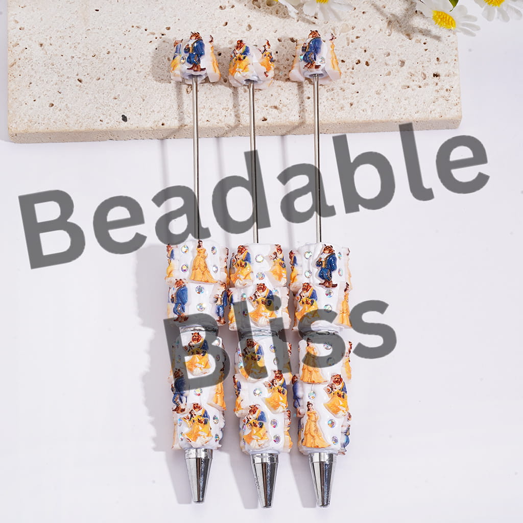 Beadable Clay Pens with Beautiful Princess and Wild Beast Character, AB Rhinestones