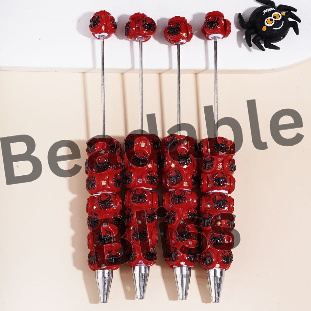 Beadable Clay Pens with Black Spider on Flat Round, AB Rhinestones