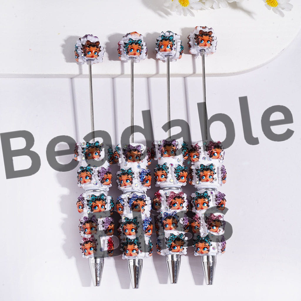 Beadable Clay Pens with Leopard-Patterned Hairband Old Girl Character and AB Rhinestones
