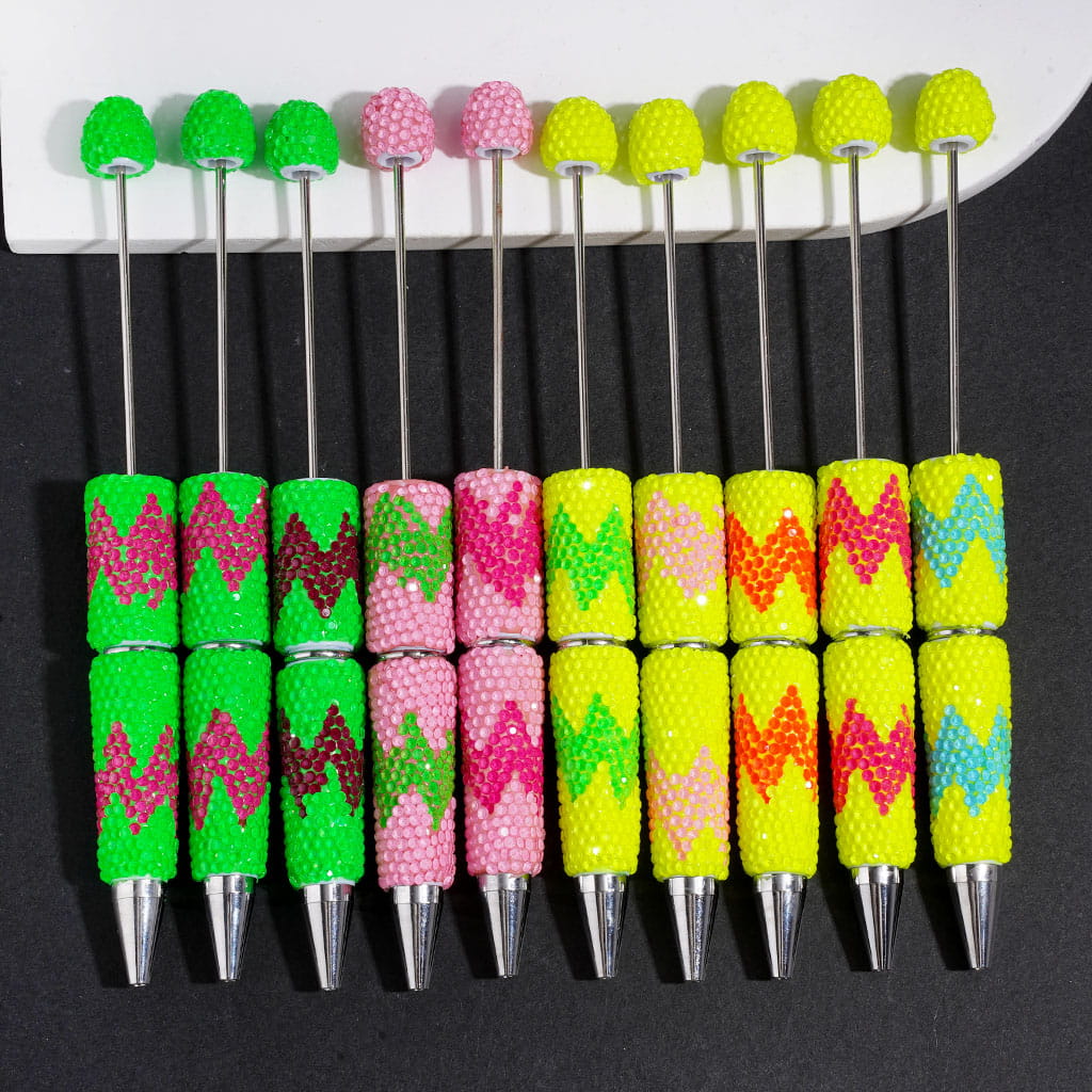 Beadable Clay Pens w Fluorescent Colors Rhinestones in Horizontal Wavy Shape, Multi-Color Random Mix