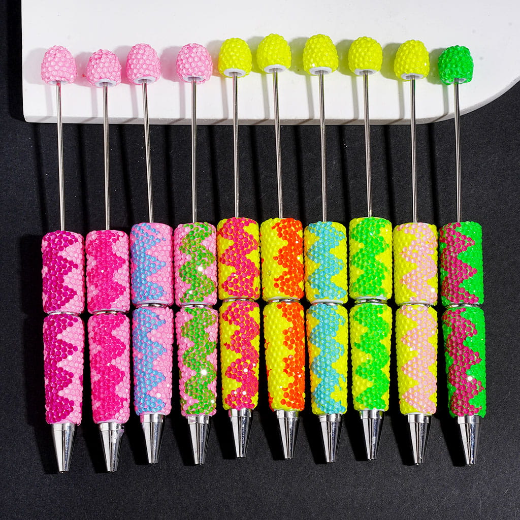 Beadable Clay Pens w Fluorescent Colors Rhinestones in Vertical Wavy Shape, Various Colors Random Mix