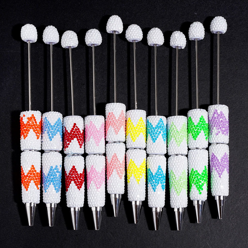 Beadable Clay Pens White Background w Rhinestones in Horizontal Wavy Shape, Various Colors Random Mix