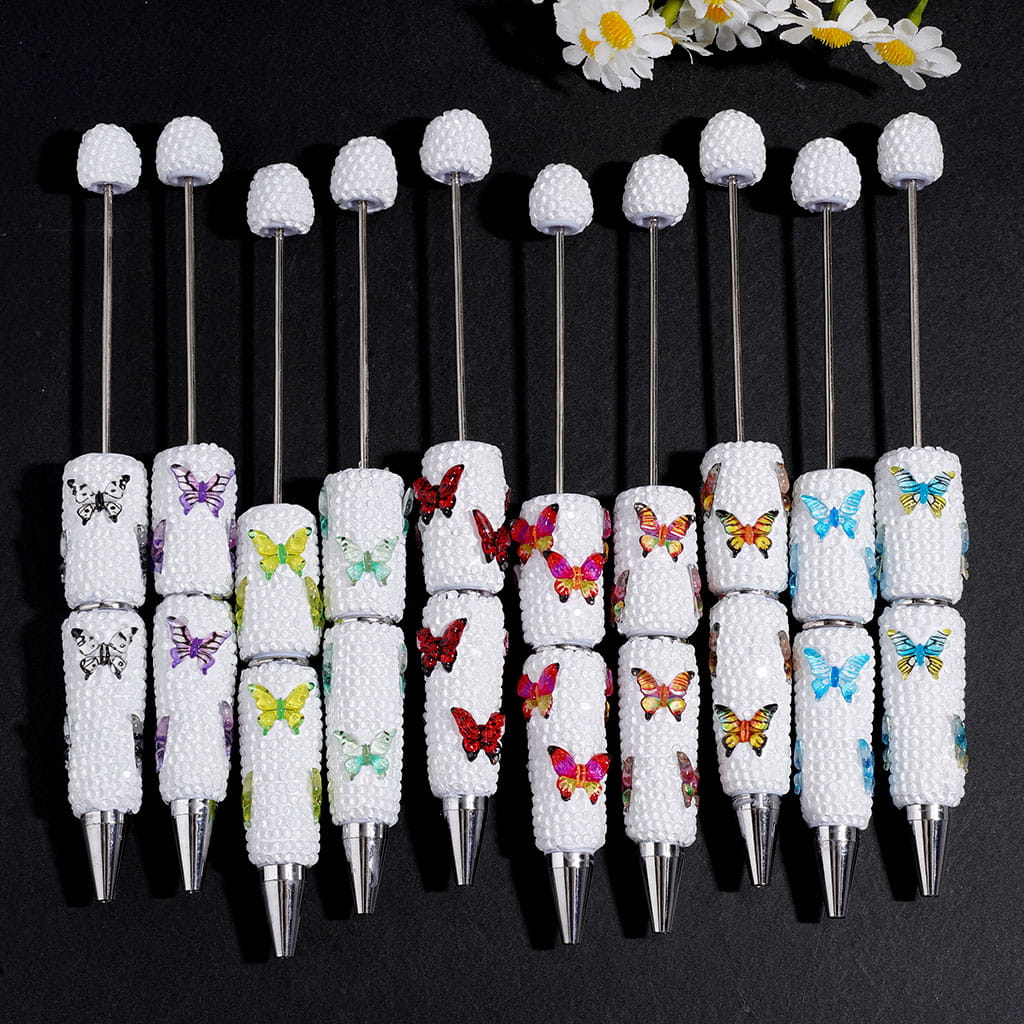 Beadable Clay Pen with Butterfly Series and Clear Rhinestones on White Background, Random Mix