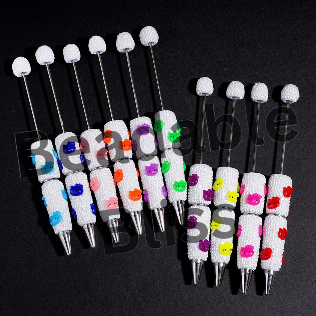 Beadable Clay Pen w Fluorescent Colors Cute Cat Character Face & Clear Rhinestones, Multi-Colors, Random Mix
