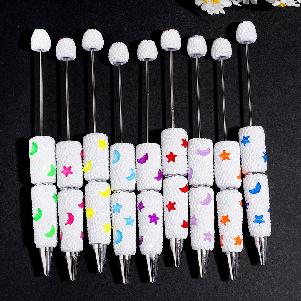 Neon Colors Moon Star and Clear Rhinestones Beadable Clay Pens, White Background, Random Mix