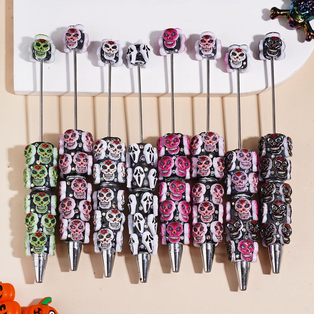 Beadable Clay Pens with Skull Skeleton Heads and AB Rhinestones, Multi-Color Random Mix