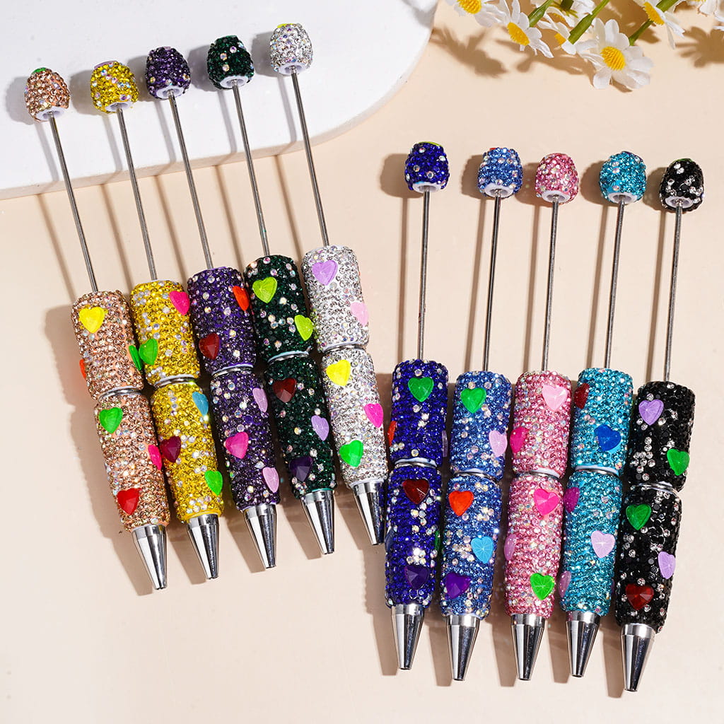 Beadable Clay Pens with Bling Bling Hearts and AB Rhinestones, Multi-Color Random Mix