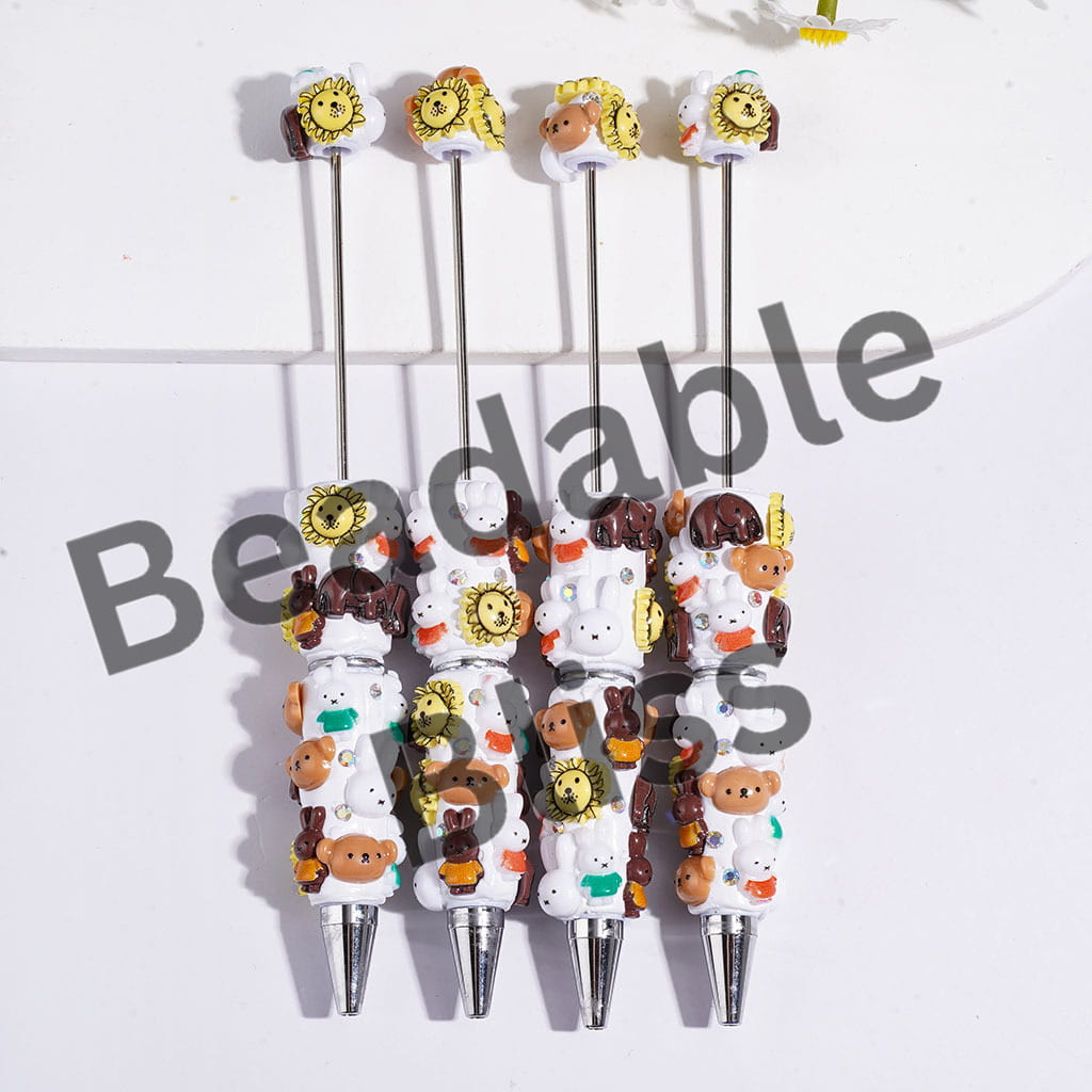 Beadable Clay Pens with Cartoon Style Bear Rabbit Elephant Lion and AB Rhinestones