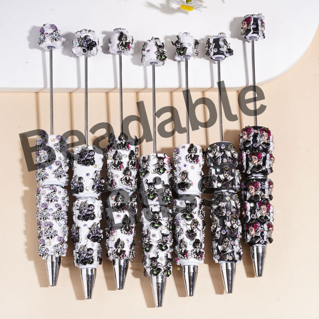 Beadable Clay Pens with Classic Animation Evil Villain Character and AB Rhinestones, Random Mix