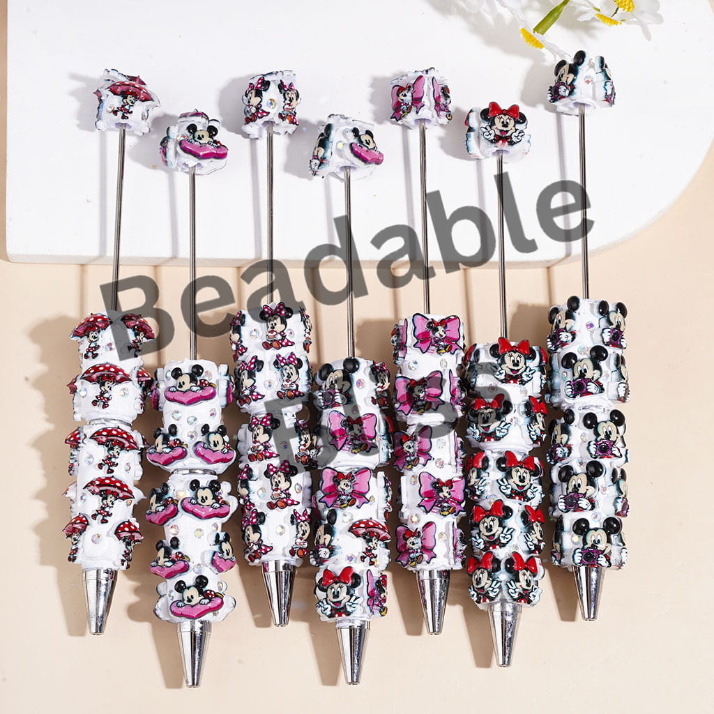 Beadable Clay Pens with Girl and Boy Mouse Character Series and AB Rhinestone, Random Mix