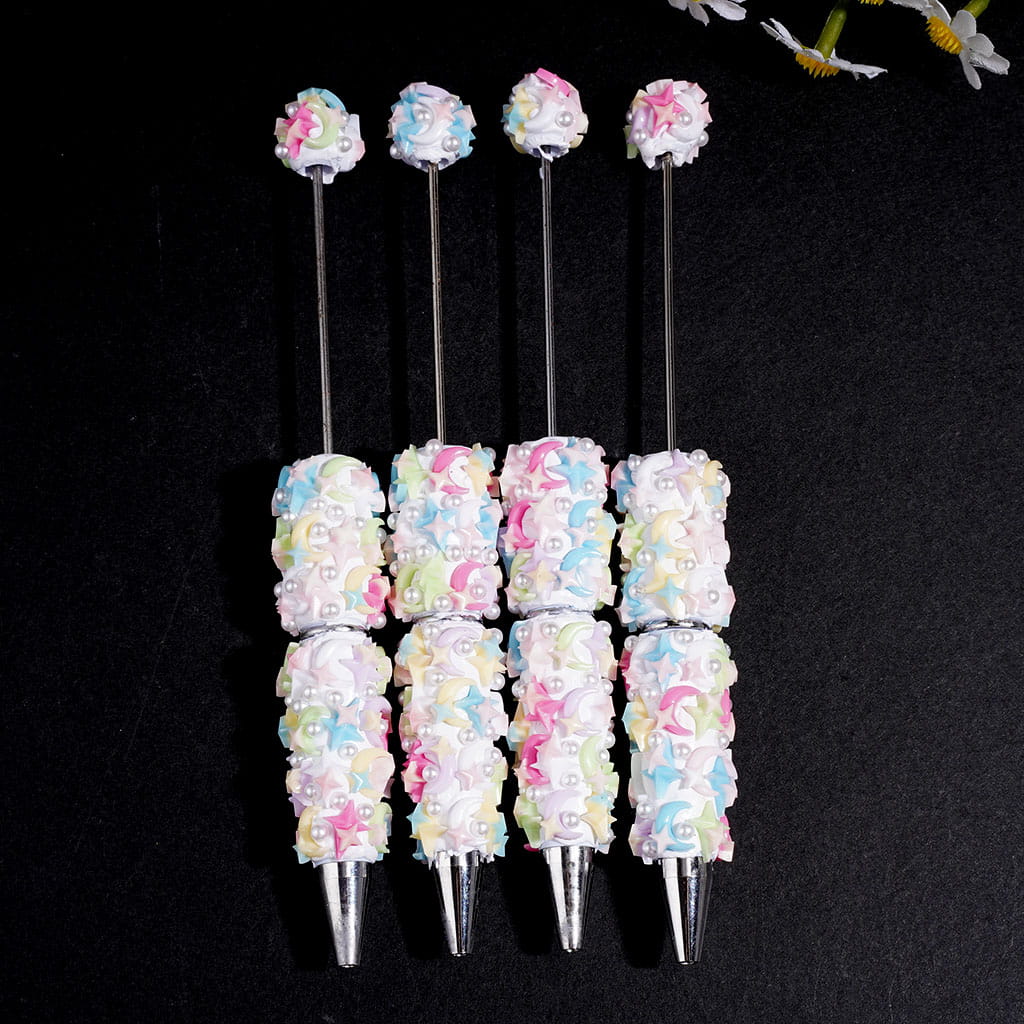 Beadable Clay Pens with Macaron Colors Star and Crescent Moon, White Pearls