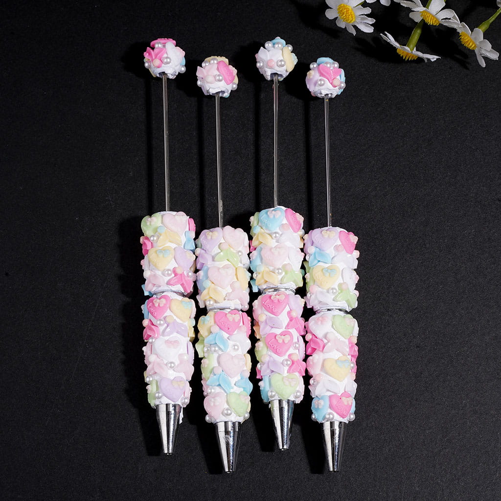 Beadable Clay Pens with Macaron Colors Fishtail and Heart with Bowtie, White Pearl