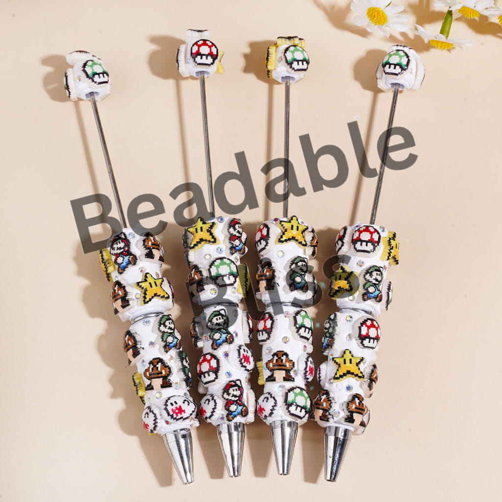 Beadable Clay Pens with Star Mushroom Plumber Character Series and AB Rhinestone