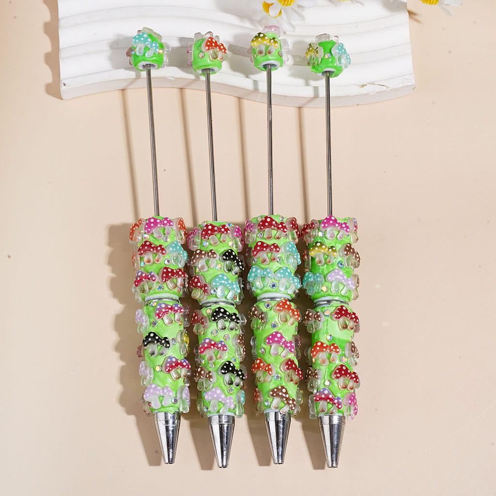 Beadable Clay Pens with Various Colors Mushroom Series on Green Background, AB Rhinestones
