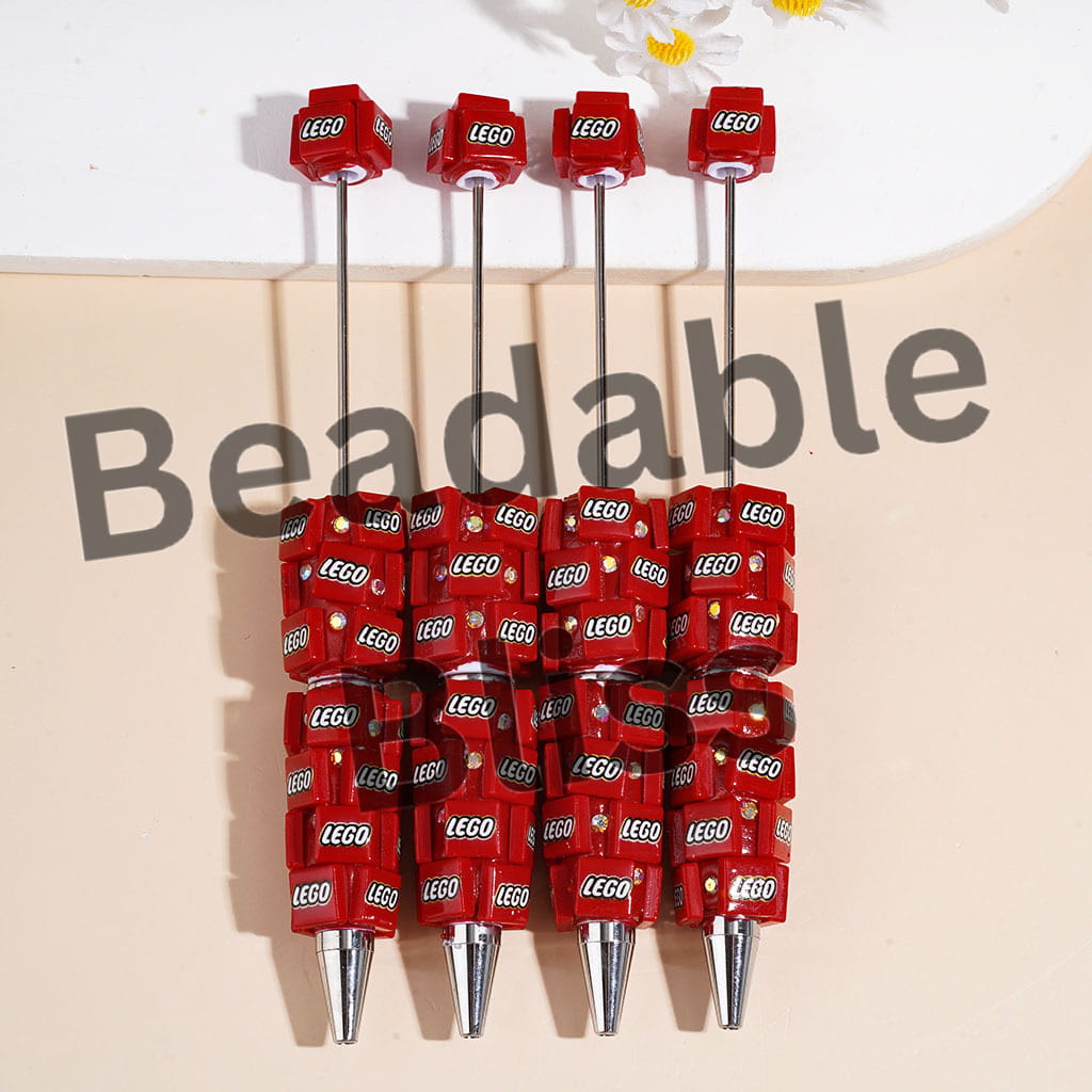 Beadable Clay Pens with Building Block Bricks Pattern and AB Rhinestones