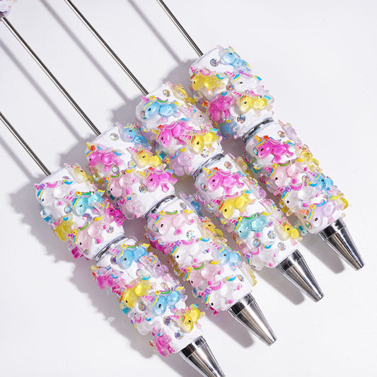Beadable Clay Pens with Cute Rainbow Unicorn and AB Rhinestones