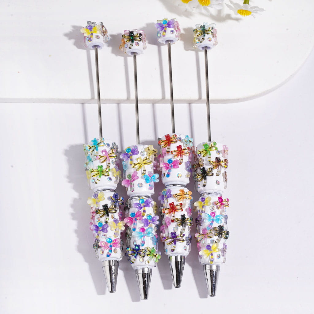 Beadable Clay Pens with Colorful Dragonflies and AB Rhinestones on White Background