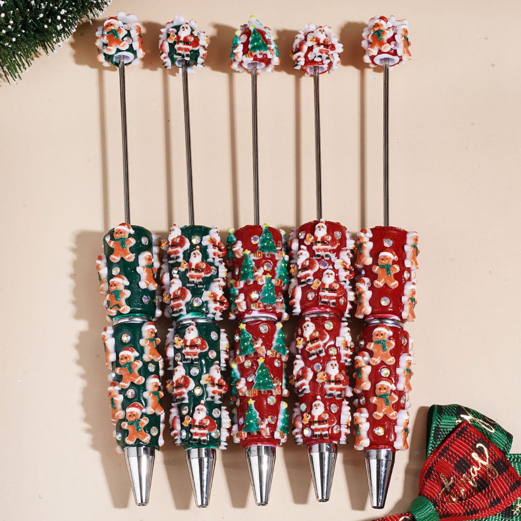 Gingerbread Man Santa Claus Tree and AB Rhinestones Beadable Clay Pens, Christmas Series, Random Mix, Red Green Base