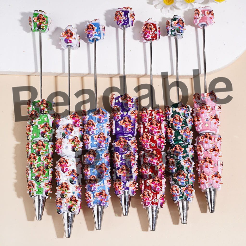 Beadable Clay Pens Mermaid Princess Character and AB Rhinestones, Multi-Color, Random Mix