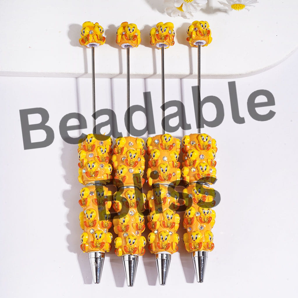 Beadable Clay Pens with Yellow Big Eyed Bird Character and AB Rhinestones