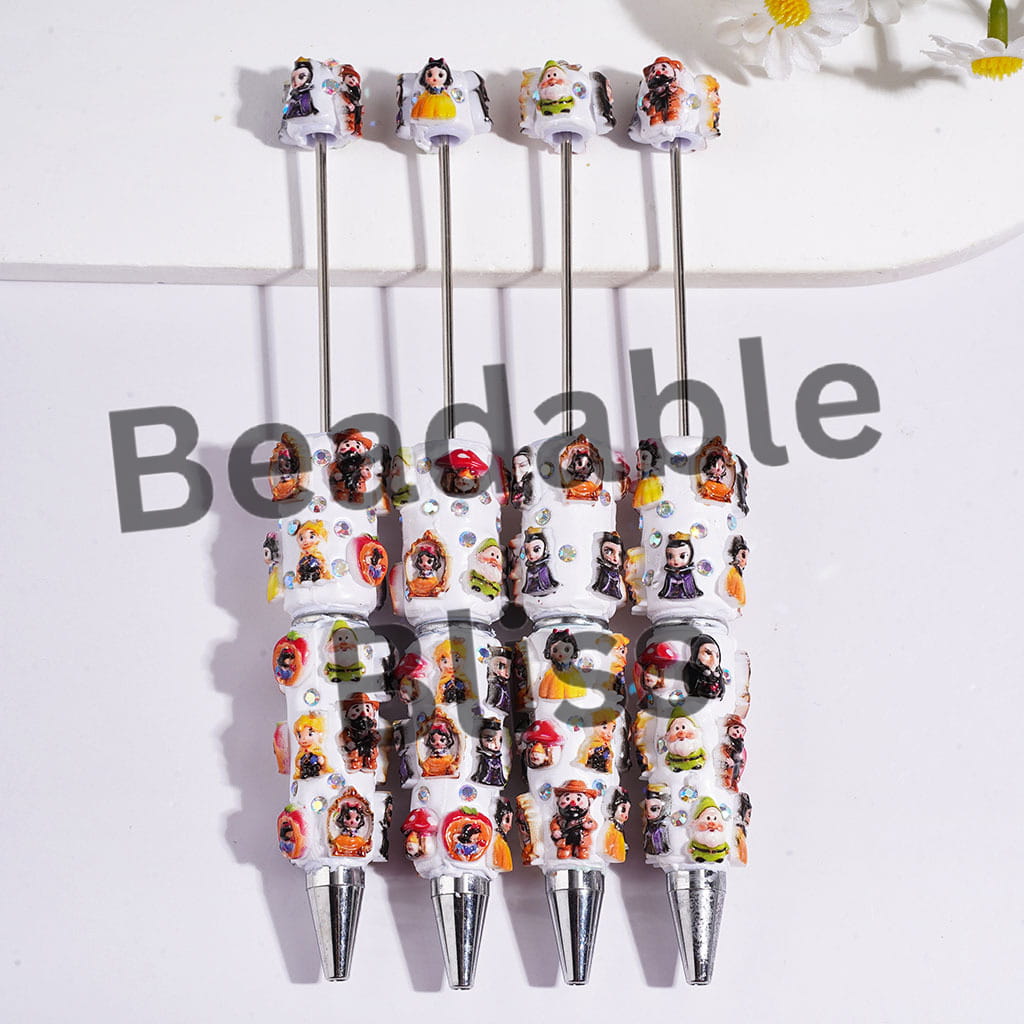 Beadable Clay Pens with White Snow Princess and Seven Gnome Elf Character, AB Rhinestones
