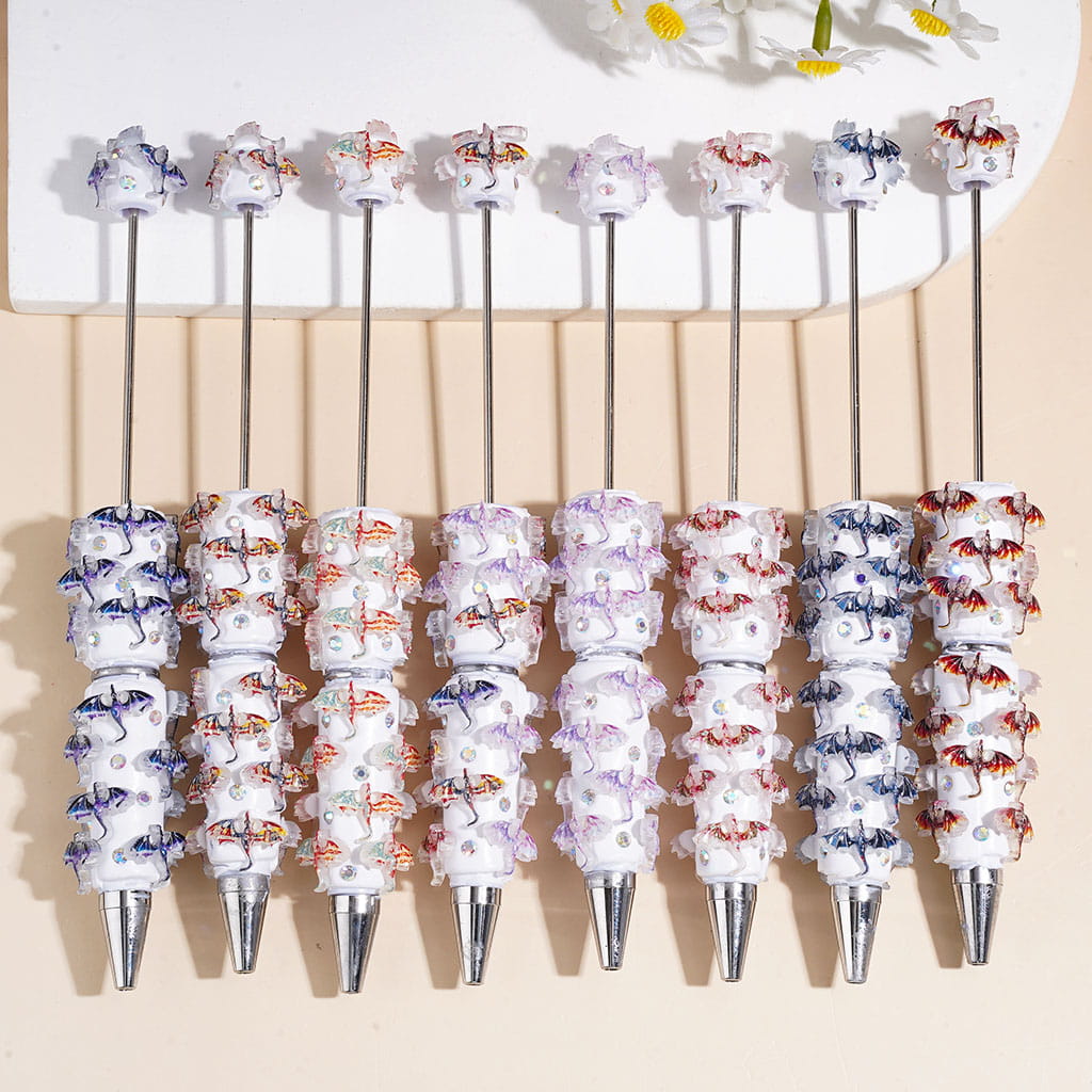 Beadable Clay Pens with Flying Dragon in Various Colors, AB Rhinestones, Random Mix