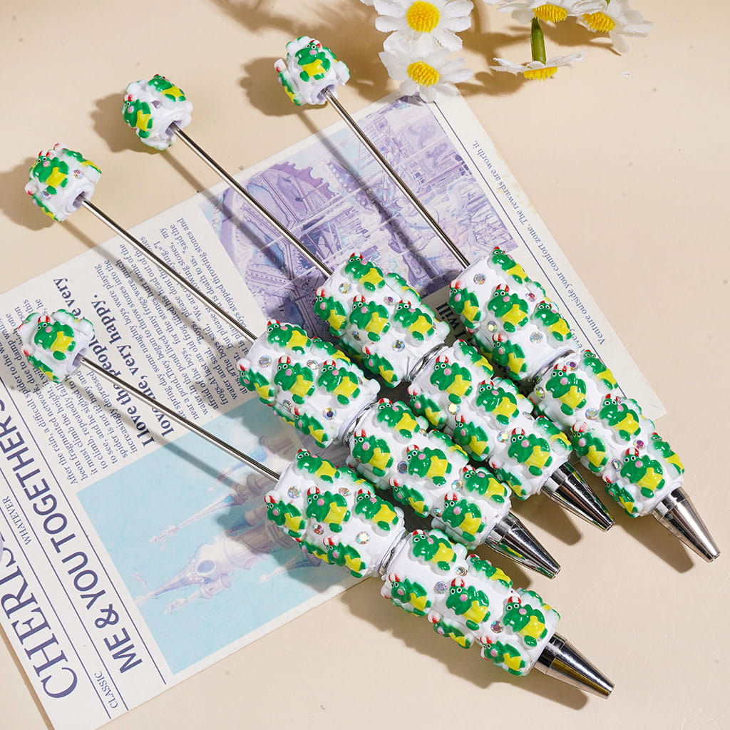 Beadable Clay Pens with Cute Green Crocodile and AB Rhinestones
