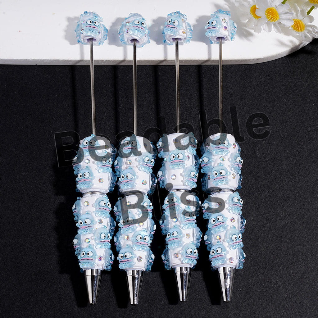 Beadable Clay Pens with Ugly Fish Series and AB Rhinestones on White Background
