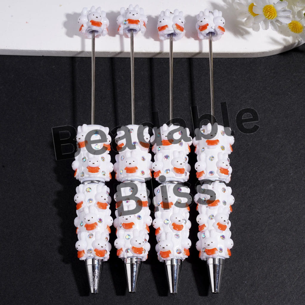 Beadable Clay Pens with Dutch Rabbit and AB Rhinestones on White Background