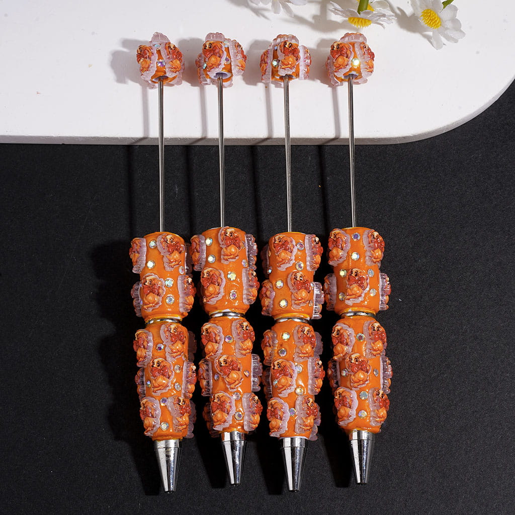 Beadable Clay Pens Cute Dog with Red Bowtie and AB Rhinestones in Orange Series