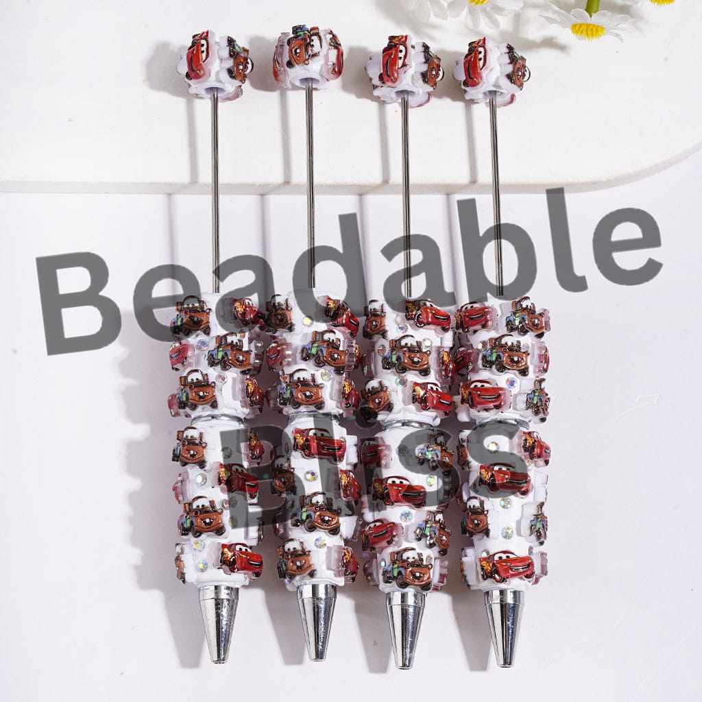 Beadable Clay Pens with Sports Car Character and AB Rhinestones on White Background, Red Brown