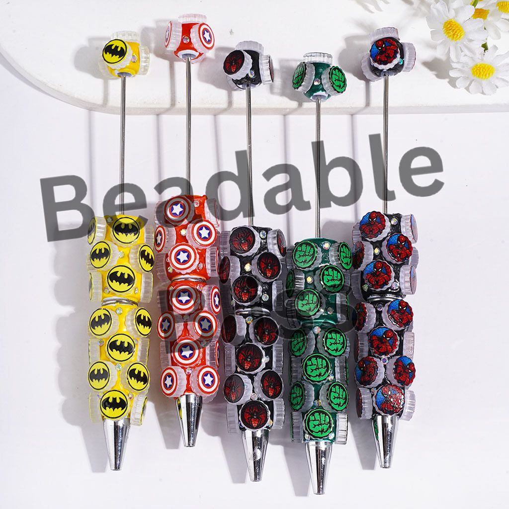 Beadable Clay Pens Bottle Cap Lid Design with AB Rhinestones & Strong Superhero Characters, Steel Man Spider Green Giant Hero, Random Mix