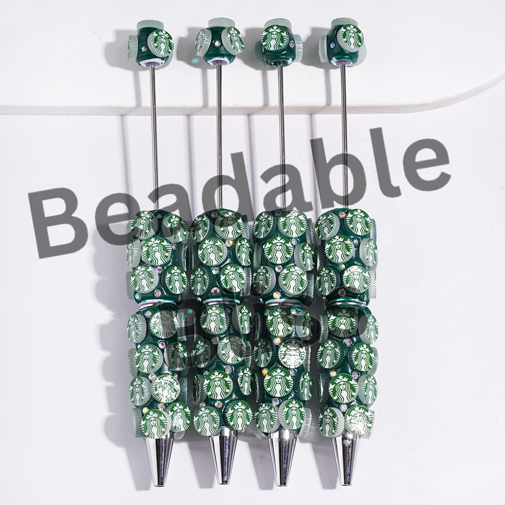 Coffee and AB Rhinestones Beadable Clay Pens, Green Pen Base