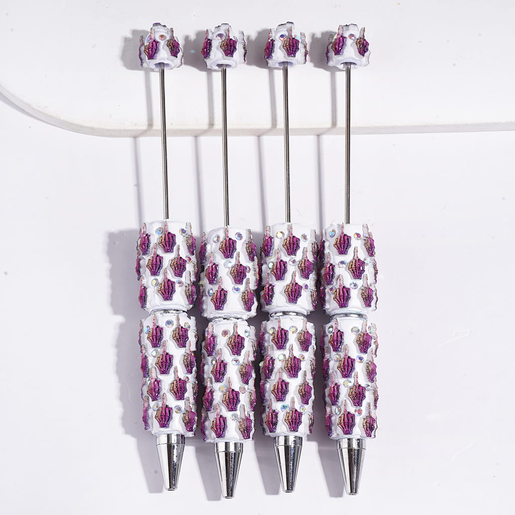 Halloween Beadable Clay Pens with Purple Skull Hand and AB Rhinestones