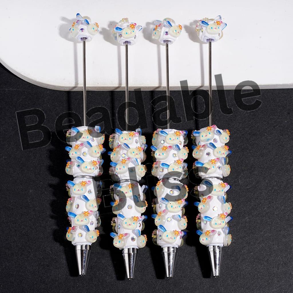 Beadable Clay Pens with AB Rhinestones and Glittery Sakura Bunny Head