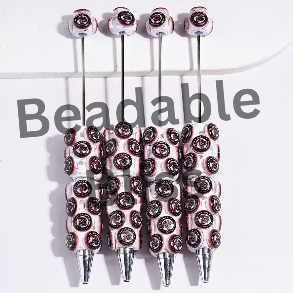 Beadable Clay Pens with AB Rhinestones and Text "7B", Coffee Style