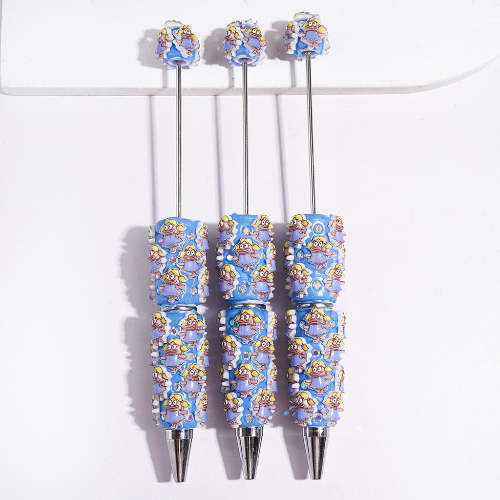 Beadable Clay Pens Girl with Sausage-Shaped Mouth Wearing Blue Dress, AB Rhinestones