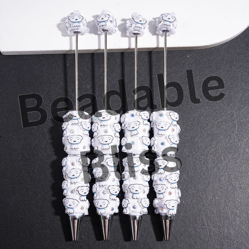 Beadable Clay Pens Japanese Anime White Dog Character with Blue Collar, AB Rhinestones