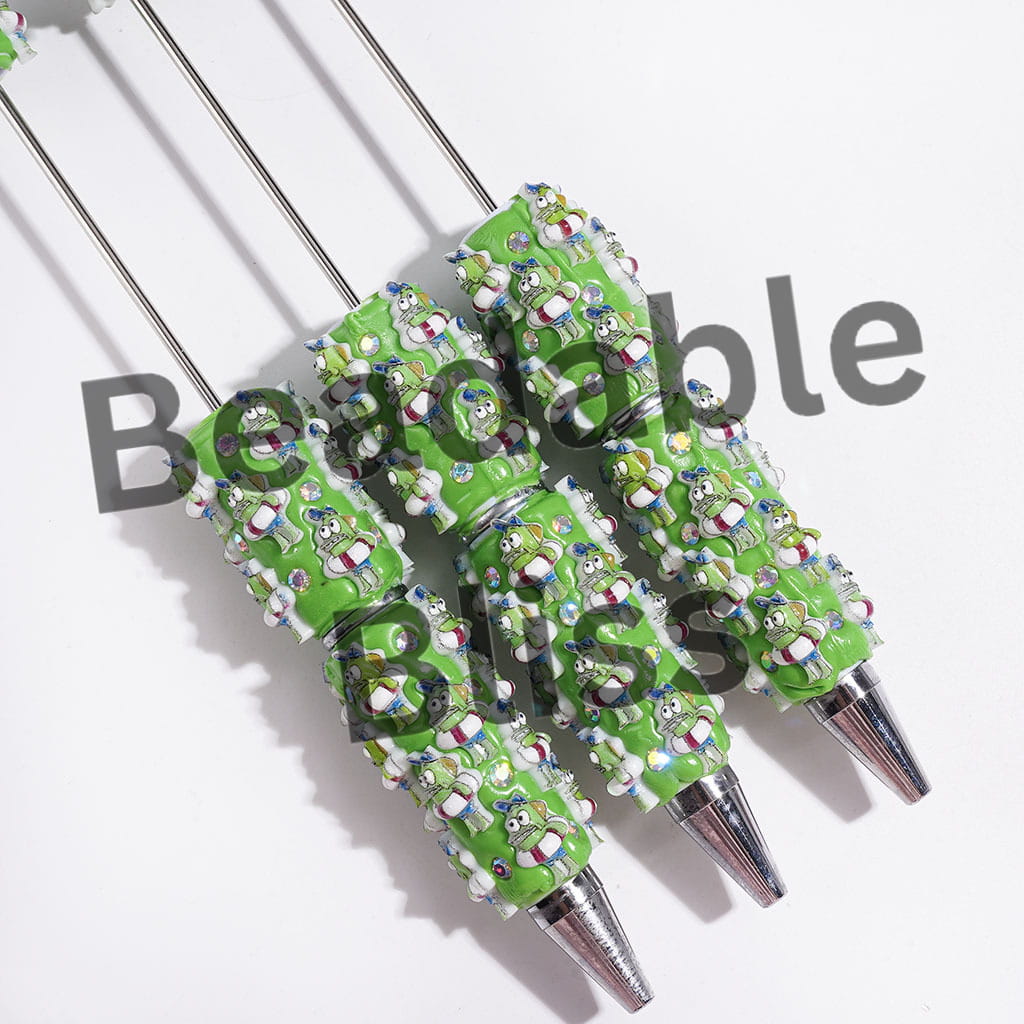 Beadable Clay Pens Green Fish with Swim Ring and Blue Hat, AB Rhinestones