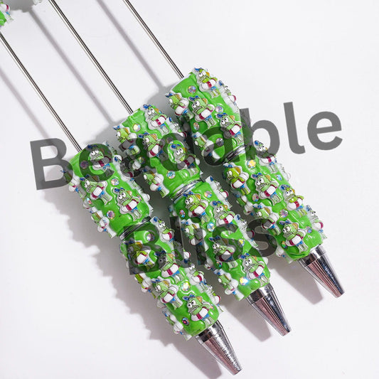 Beadable Clay Pens Green Fish with Swim Ring and Blue Hat, AB Rhinestones