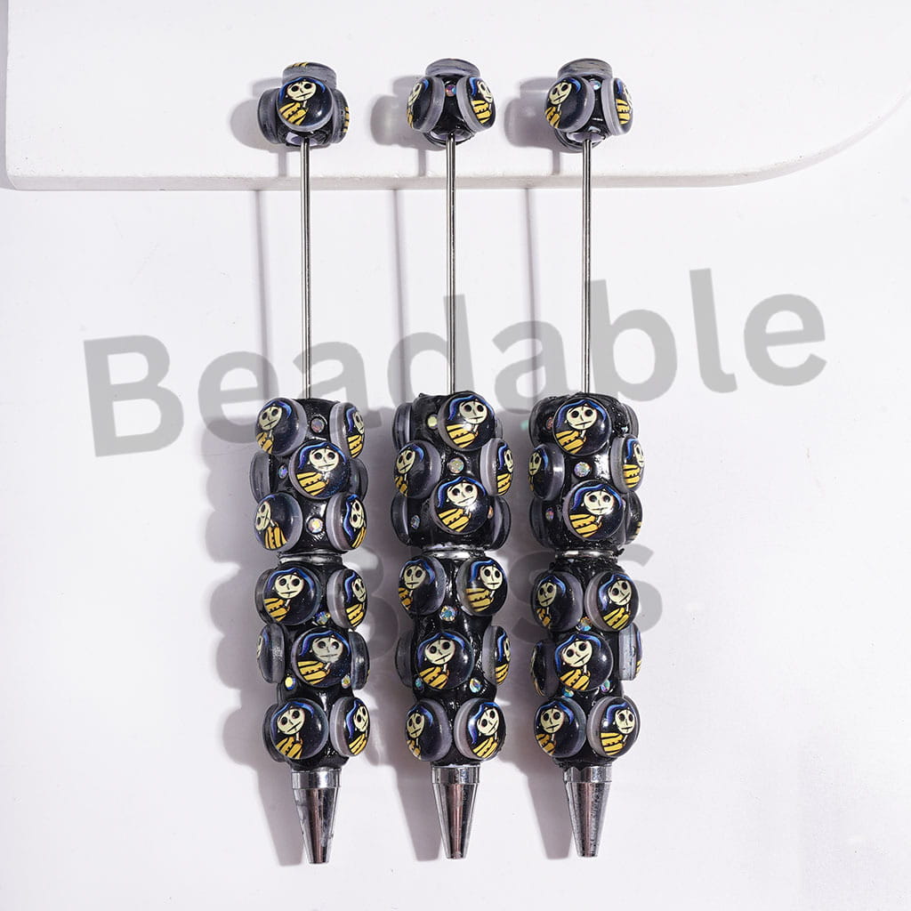 Beadable Clay Pens with Blue Haired Ghost Girl and AB Rhinestones, Black Background