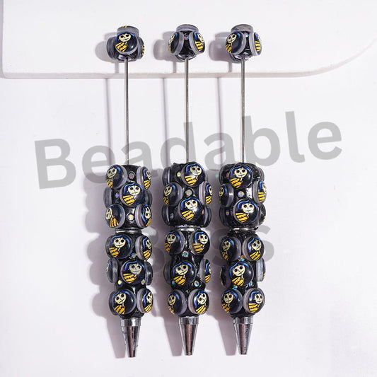 Beadable Clay Pens with Blue Haired Ghost Girl and AB Rhinestones, Black Background