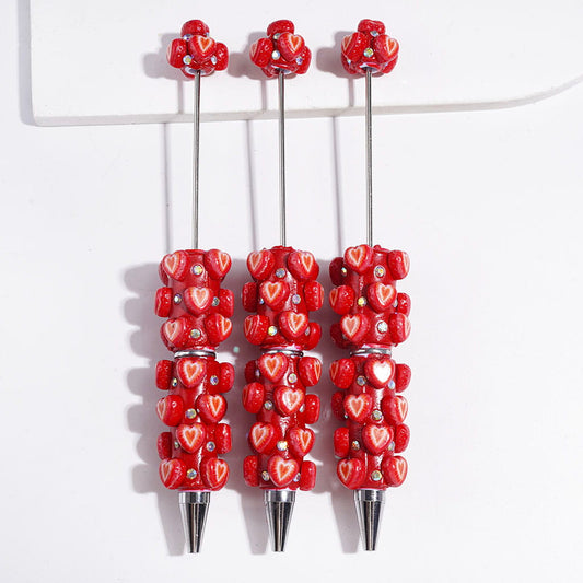 Red Heart Shaped Strawberry and AB Rhinestones Beadable Clay Pens