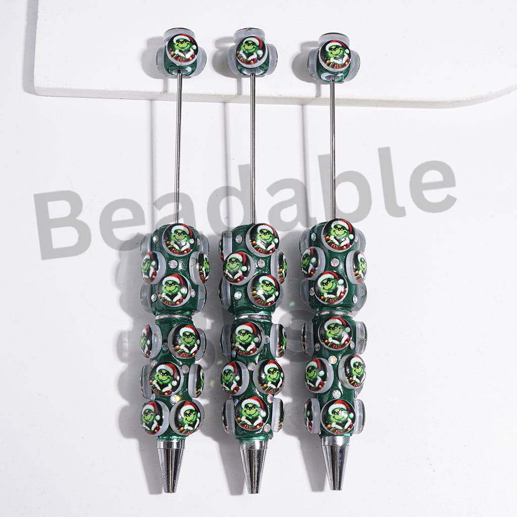 Christmas Green Character and AB Rhinestones Beadable Clay Pens
