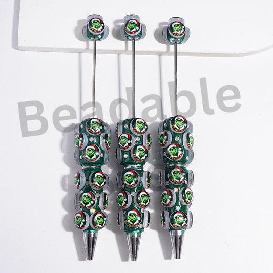 Christmas Green Character and AB Rhinestones Beadable Clay Pens