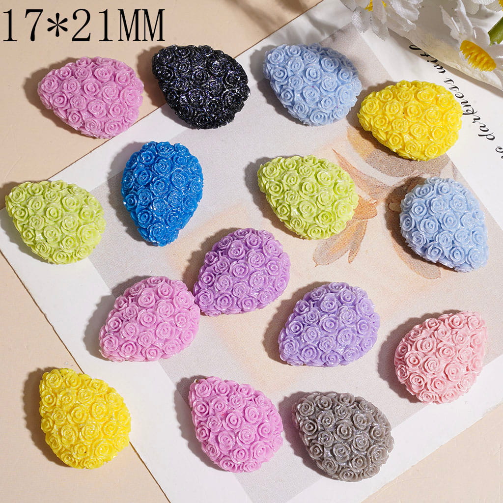 Teardrop Shaped Clay Beads wtih Rose Flower, 17*21MM Multi-Color Random Mix