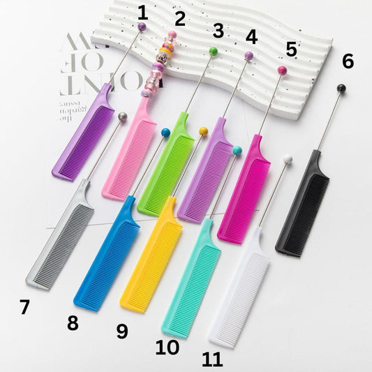 A selection of solid color beaded combs laid out on a white surface, with numbers indicating different colors.

