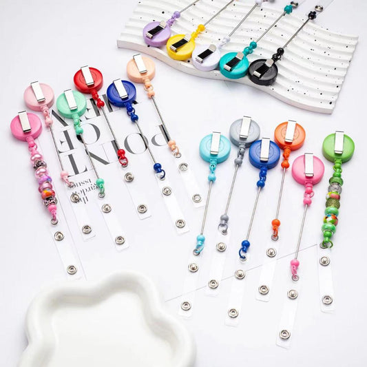 Colorful badge reels on a white background

